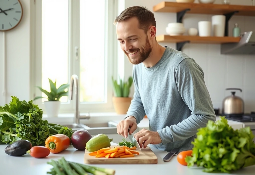 Mężczyzna przygotowujący zdrowy posiłek w kuchni