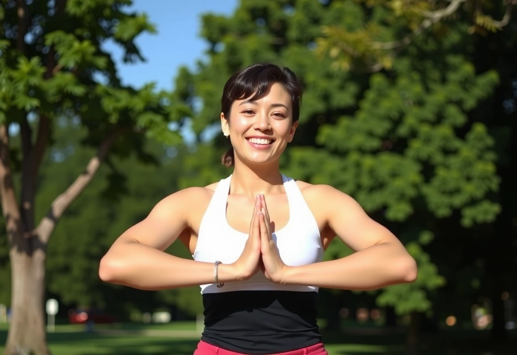 Uśmiechnięta kobieta ćwicząca jogę na świeżym powietrzu