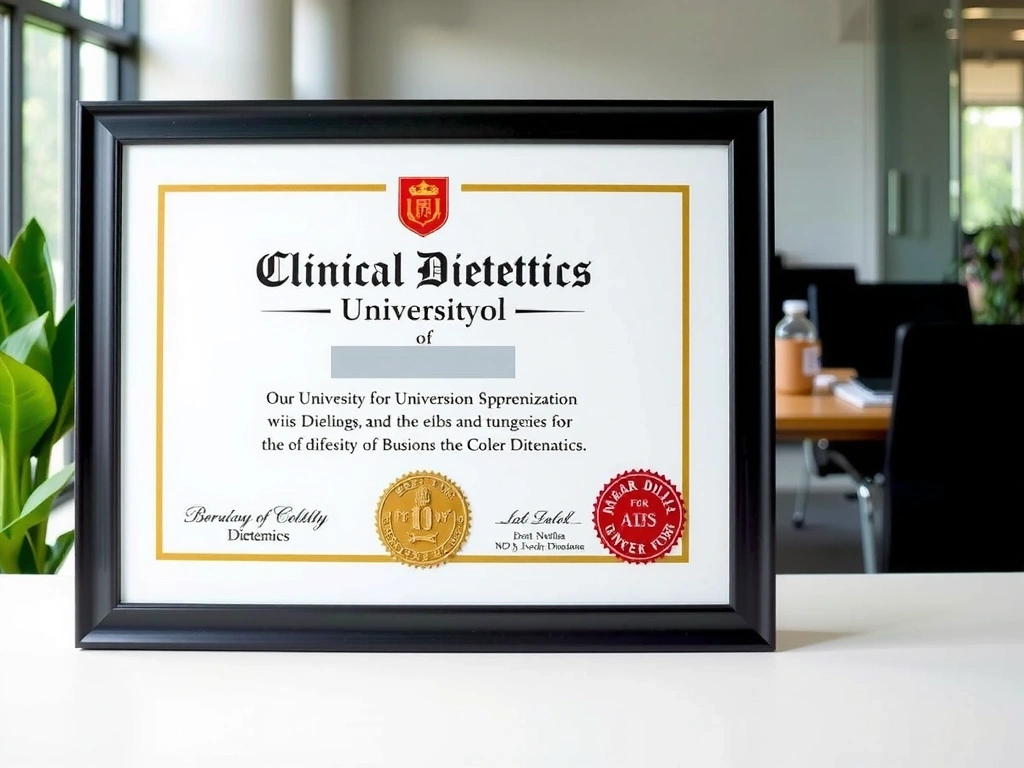 Dyplom ukończenia studiów z dietetyki klinicznej z pieczęciami.