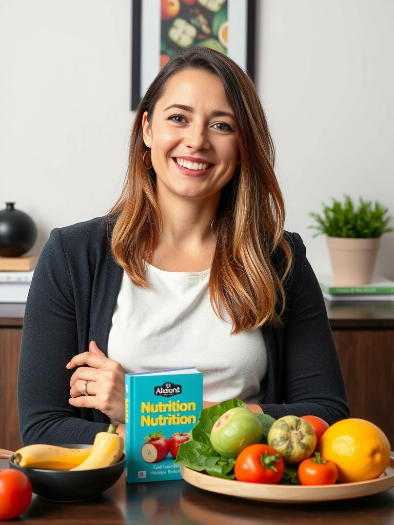 Profesjonalne zdjęcie Anny Kowalskiej, dietetyka klinicznego, uśmiechniętej i otwartej, siedzącej przy biurku z materiałami o zdrowym żywieniu.