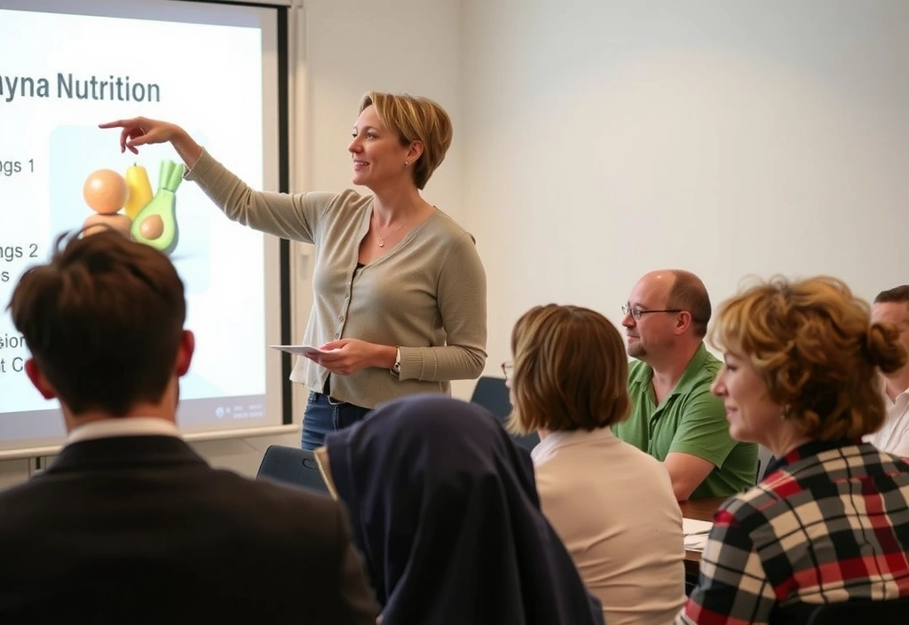 Zdjęcie Anny Kowalskiej prowadzącej warsztaty żywieniowe dla grupy osób.