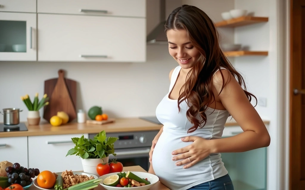 Szczęśliwa ciężarna kobieta przygotowująca zdrowe jedzenie.