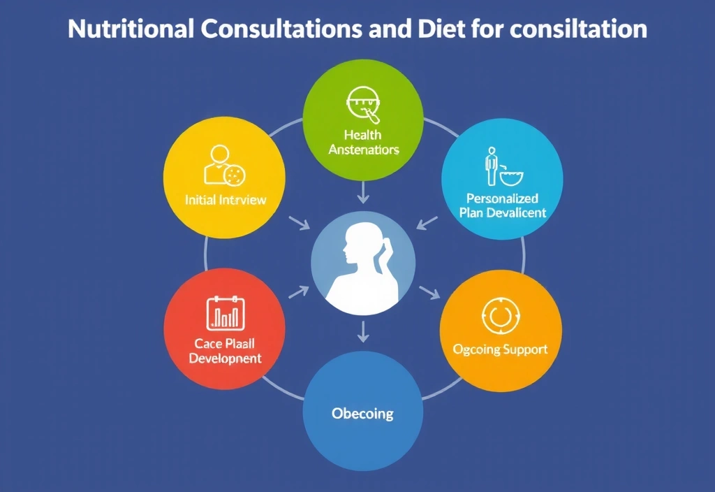 Diagram przedstawiający proces konsultacji żywieniowych i ustalania planu dietetycznego, z ikonami symbolizującymi etapy: wywiad, analiza, planowanie, wsparcie.