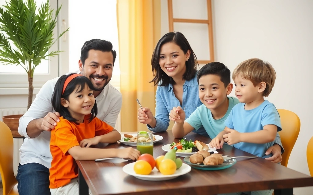 Rodzina jedząca zdrowy posiłek przy stole